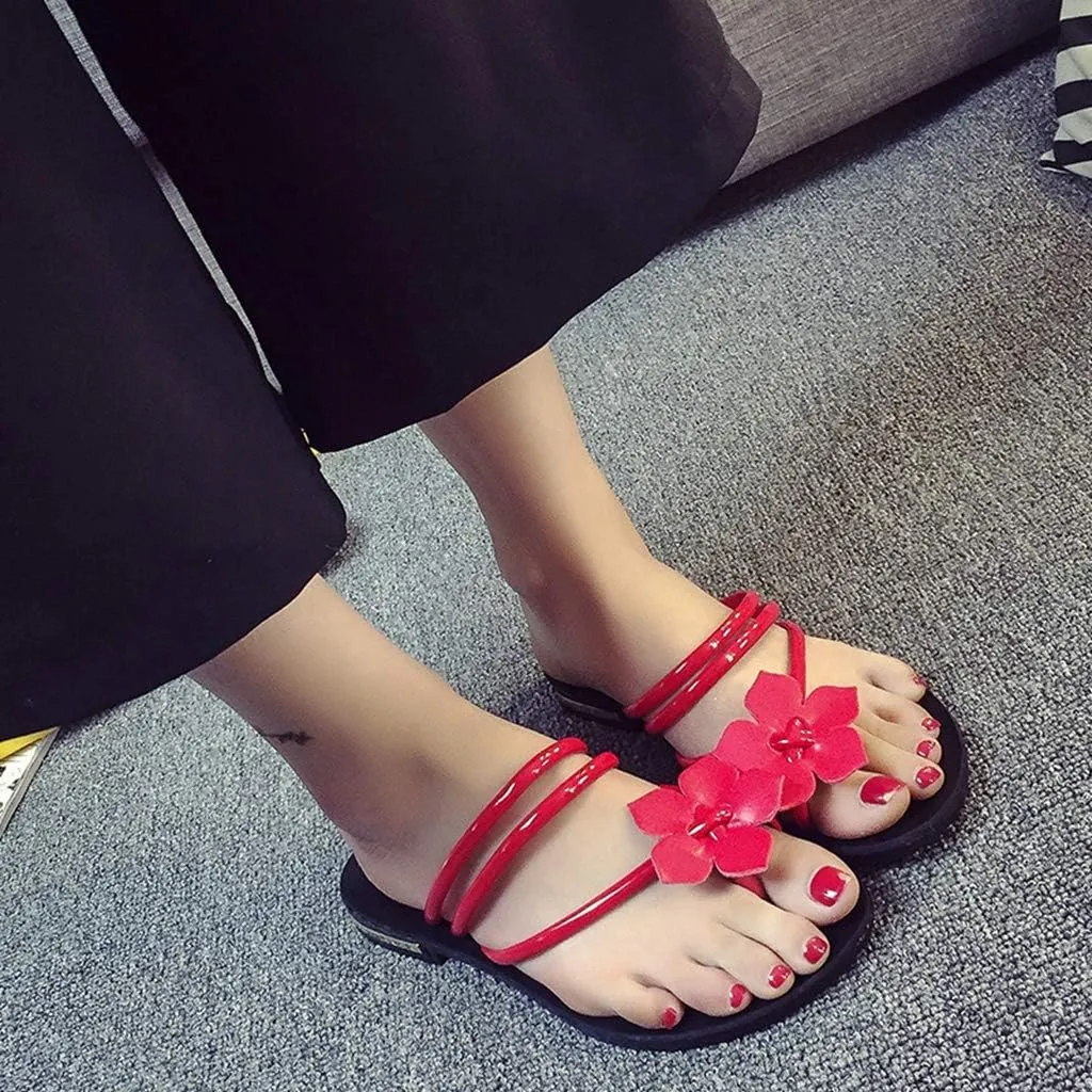 MIOKE Women's Flower Toering Flat Flipflops Sandals Summer Slip On Comfort Strappy Beach Thong Slippers