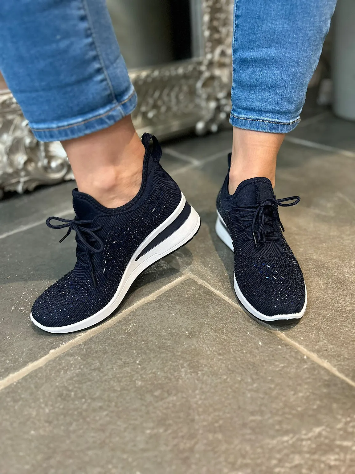 Navy Embellished Wedge Trainer