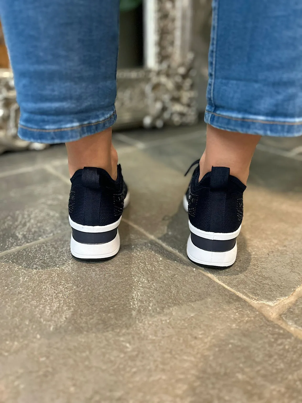 Navy Embellished Wedge Trainer