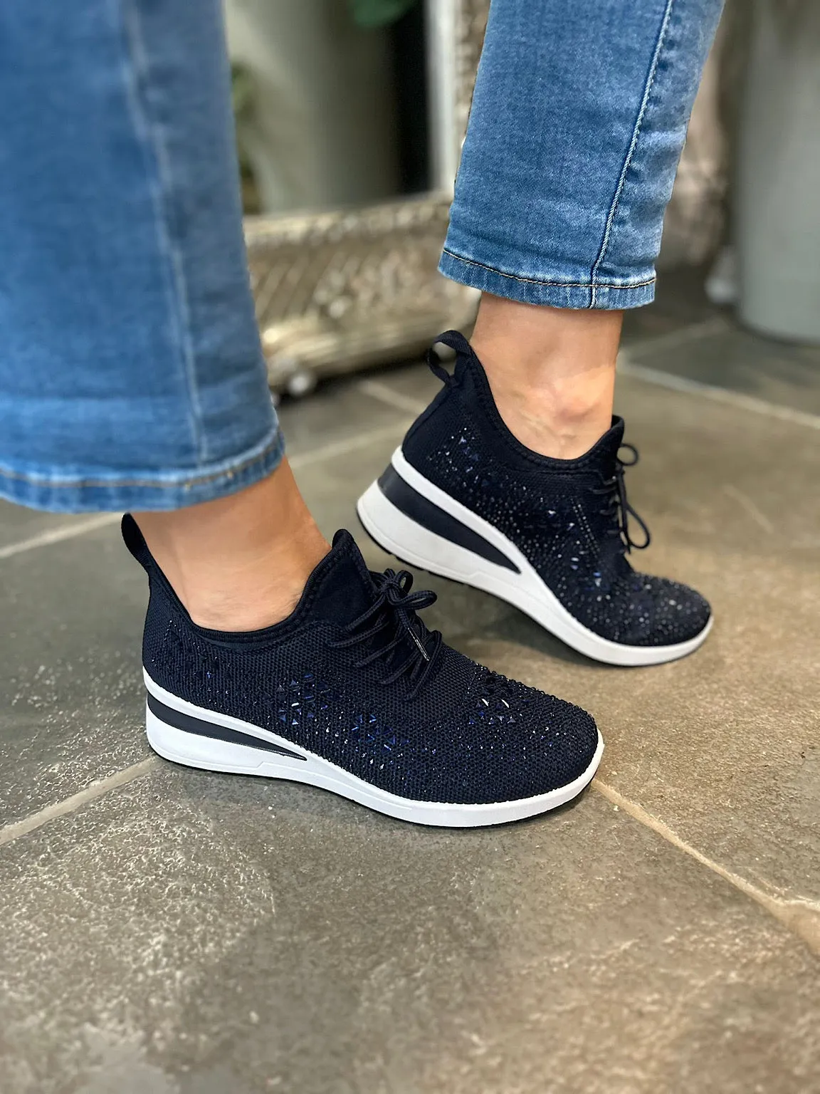 Navy Embellished Wedge Trainer