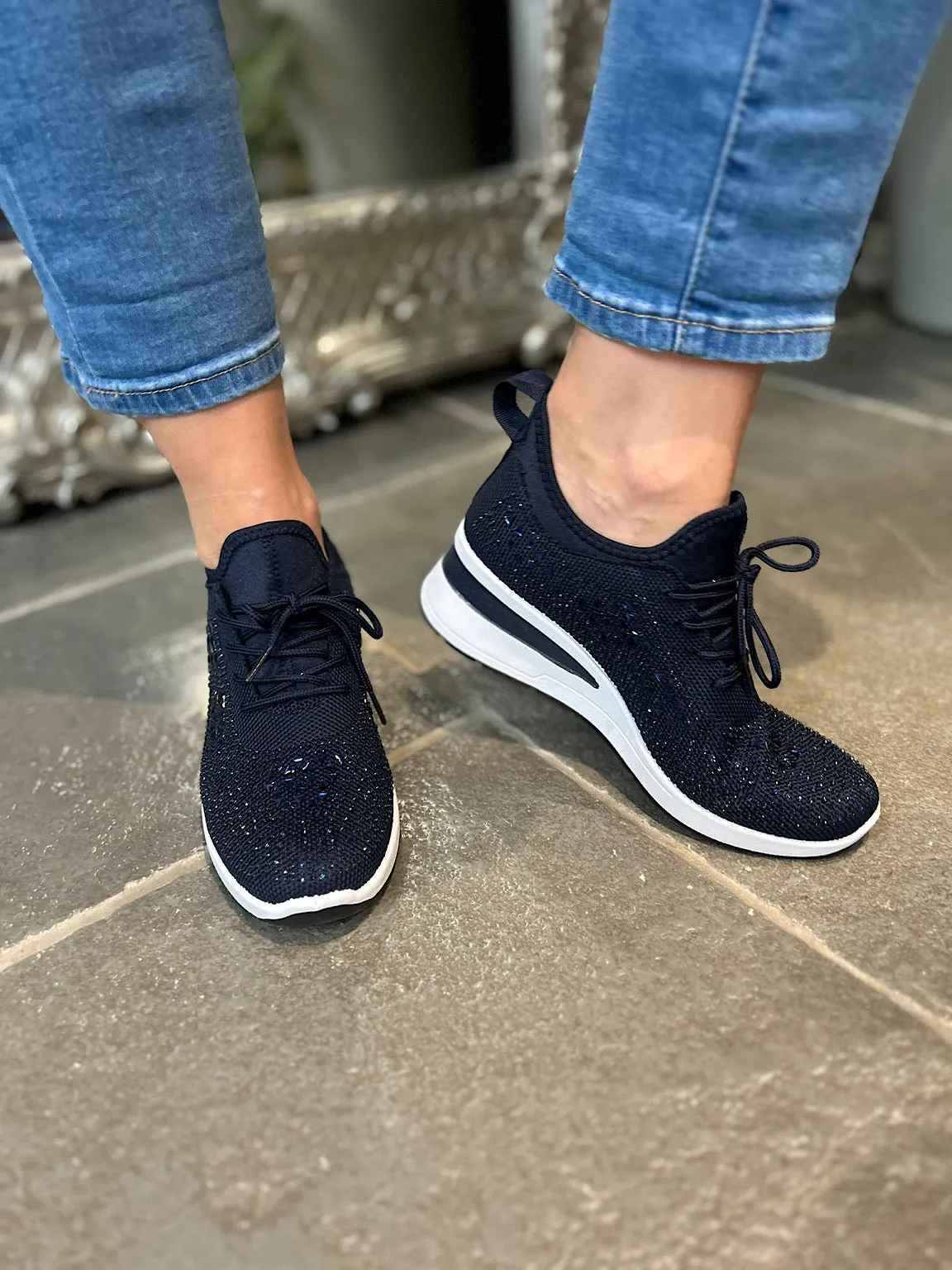Navy Embellished Wedge Trainer