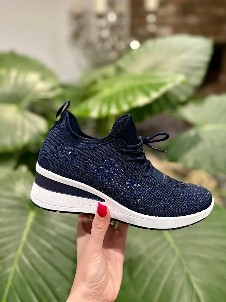 Navy Embellished Wedge Trainer