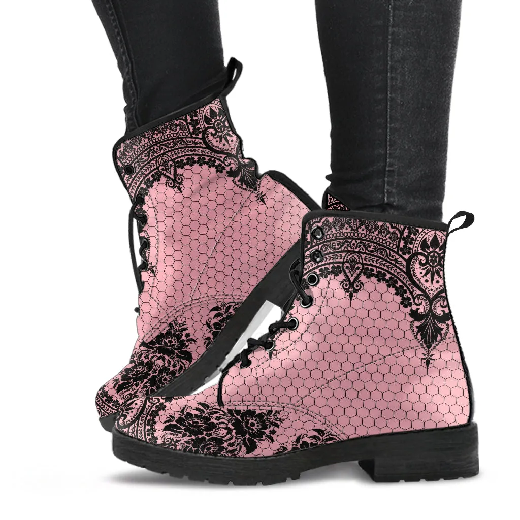 Pink Combat Boots - Gothic Lace Print 109 | Custom Shoes, Women's Boots, Aesthetic Shoes, Boho Shoes, Pink Flat Shoes, Sorority Shoes