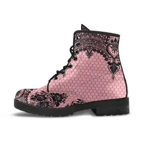 Pink Combat Boots - Gothic Lace Print 109 | Custom Shoes, Women's Boots, Aesthetic Shoes, Boho Shoes, Pink Flat Shoes, Sorority Shoes