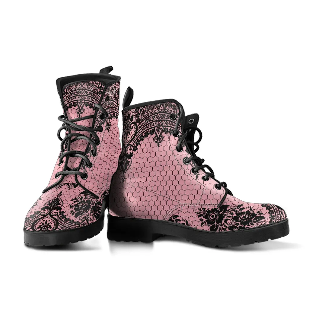 Pink Combat Boots - Gothic Lace Print 109 | Custom Shoes, Women's Boots, Aesthetic Shoes, Boho Shoes, Pink Flat Shoes, Sorority Shoes