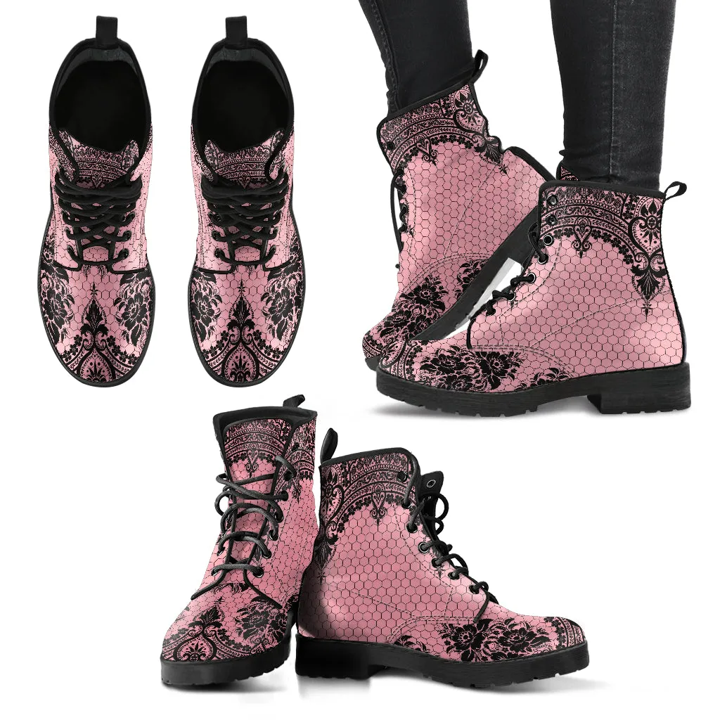 Pink Combat Boots - Gothic Lace Print 109 | Custom Shoes, Women's Boots, Aesthetic Shoes, Boho Shoes, Pink Flat Shoes, Sorority Shoes