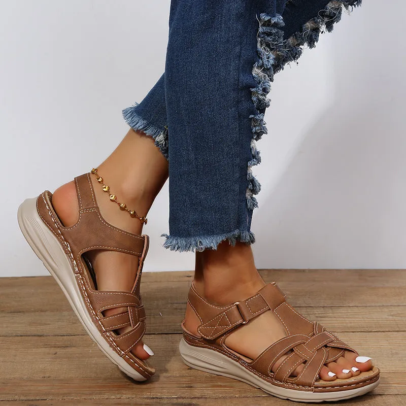 Retro lightweight ankle strap wedge sandals with arch support