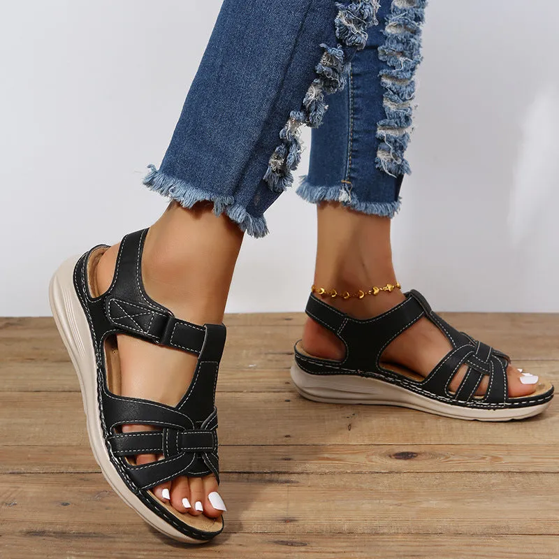 Retro lightweight ankle strap wedge sandals with arch support