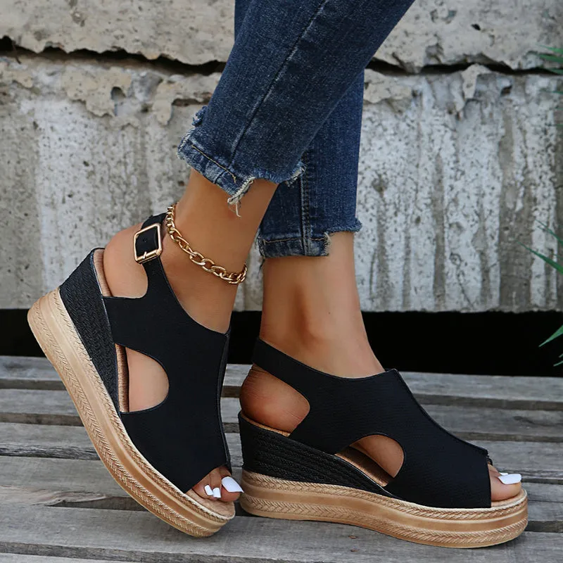 Roman peep toe platform sandals ankle strap hollow wedge sandals