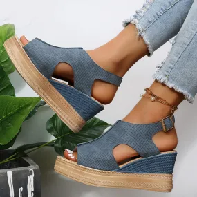 Roman peep toe platform sandals ankle strap hollow wedge sandals