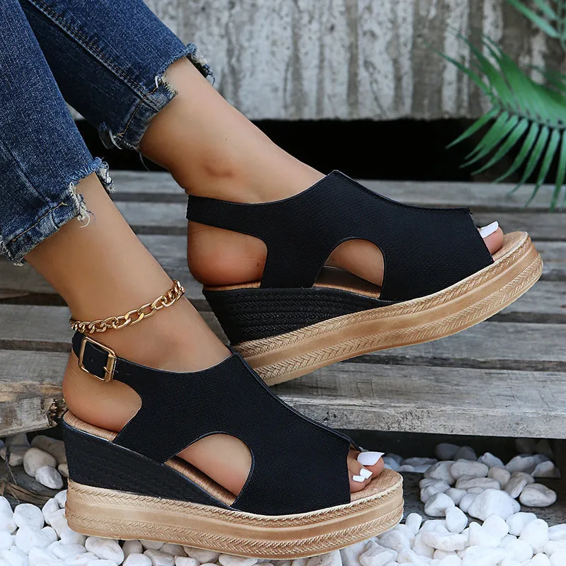 Roman peep toe platform sandals ankle strap hollow wedge sandals