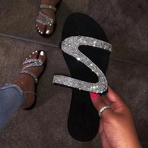 Sparkling Beads Glitter Flat Slide Sandals Women Shiny Slipper
