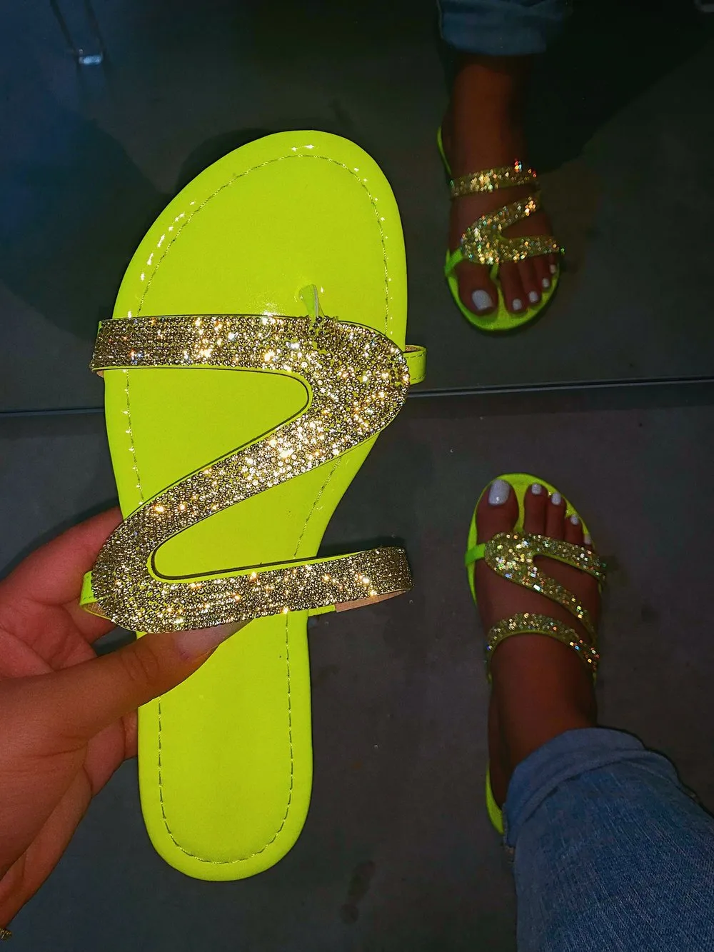 Sparkling Beads Glitter Flat Slide Sandals Women Shiny Slipper