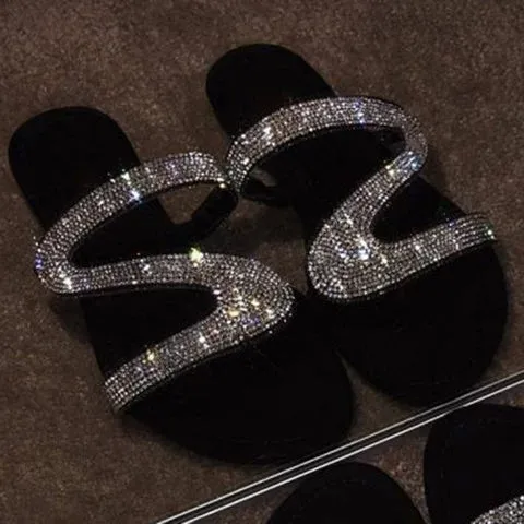 Sparkling Beads Glitter Flat Slide Sandals Women Shiny Slipper