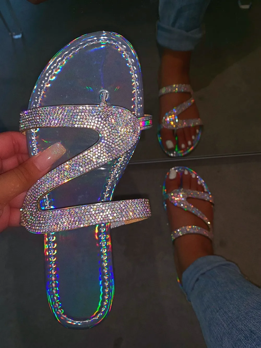 Sparkling Beads Glitter Flat Slide Sandals Women Shiny Slipper