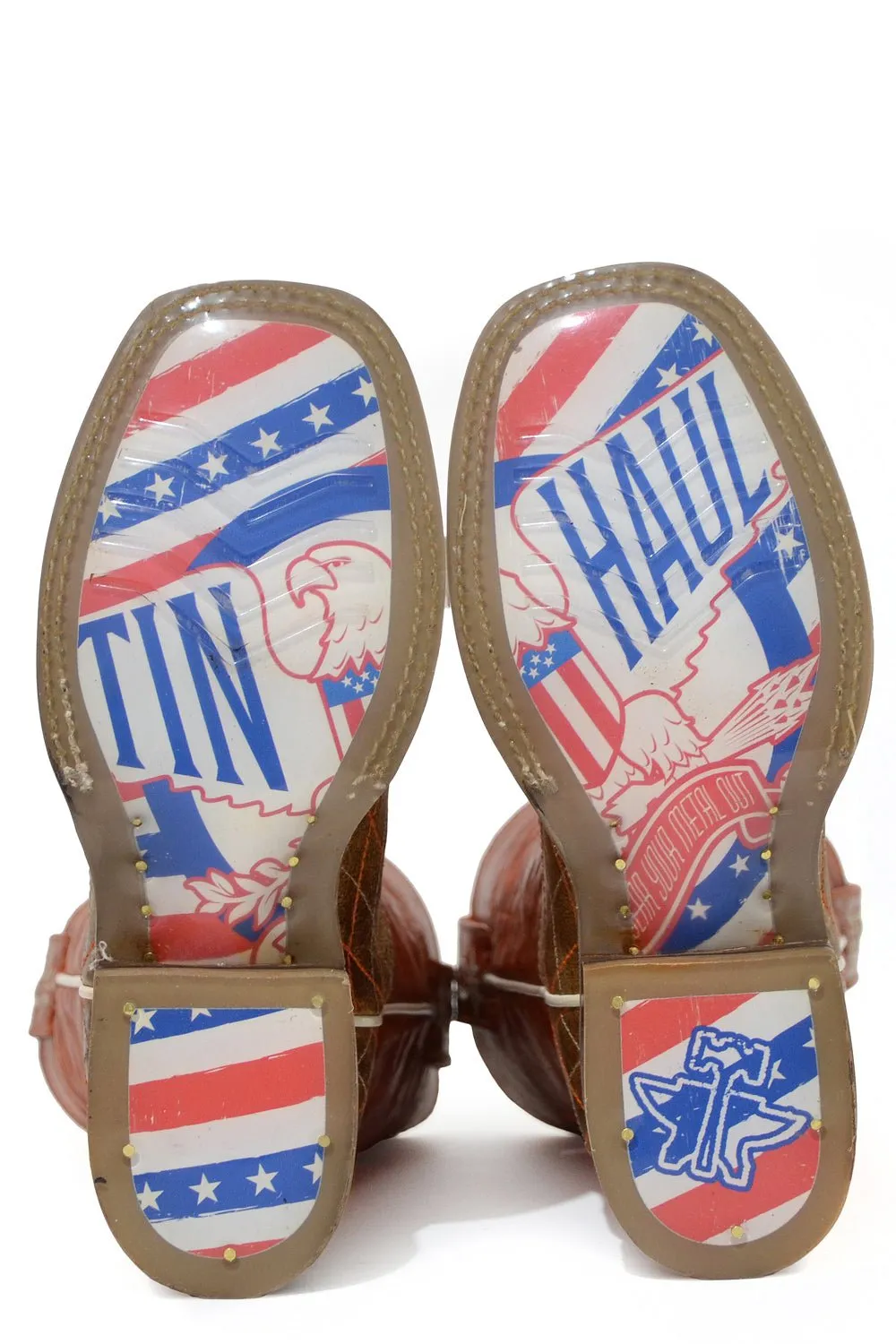 Tin Haul Boys Kids Tan/Orange Leather Crossed Bald Eagle Cowboy Boots