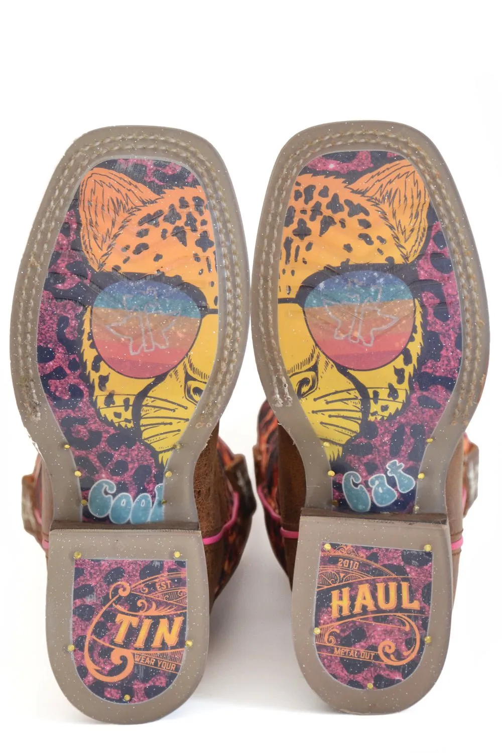 Tin Haul Youth Girls Brown Leather Cheetah Sparkles Cowboy Boots