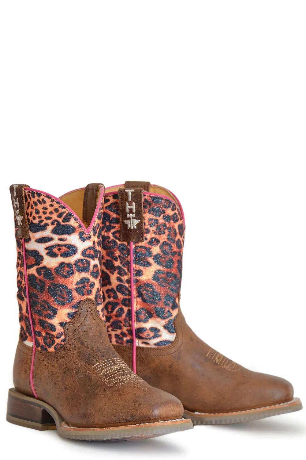 Tin Haul Youth Girls Brown Leather Cheetah Sparkles Cowboy Boots