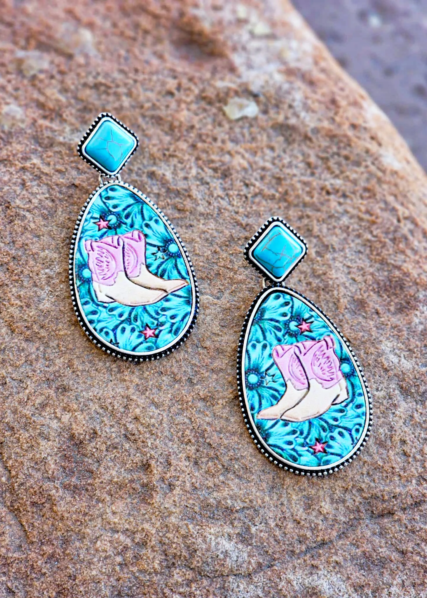 Western Cowboy Boots Embossed Leather Stud Earrings
