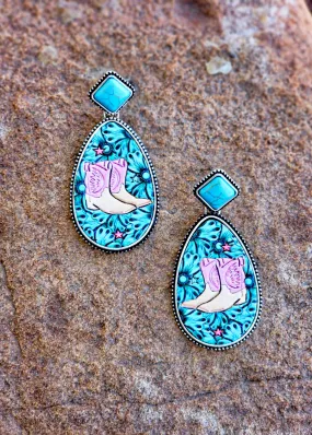 Western Cowboy Boots Embossed Leather Stud Earrings