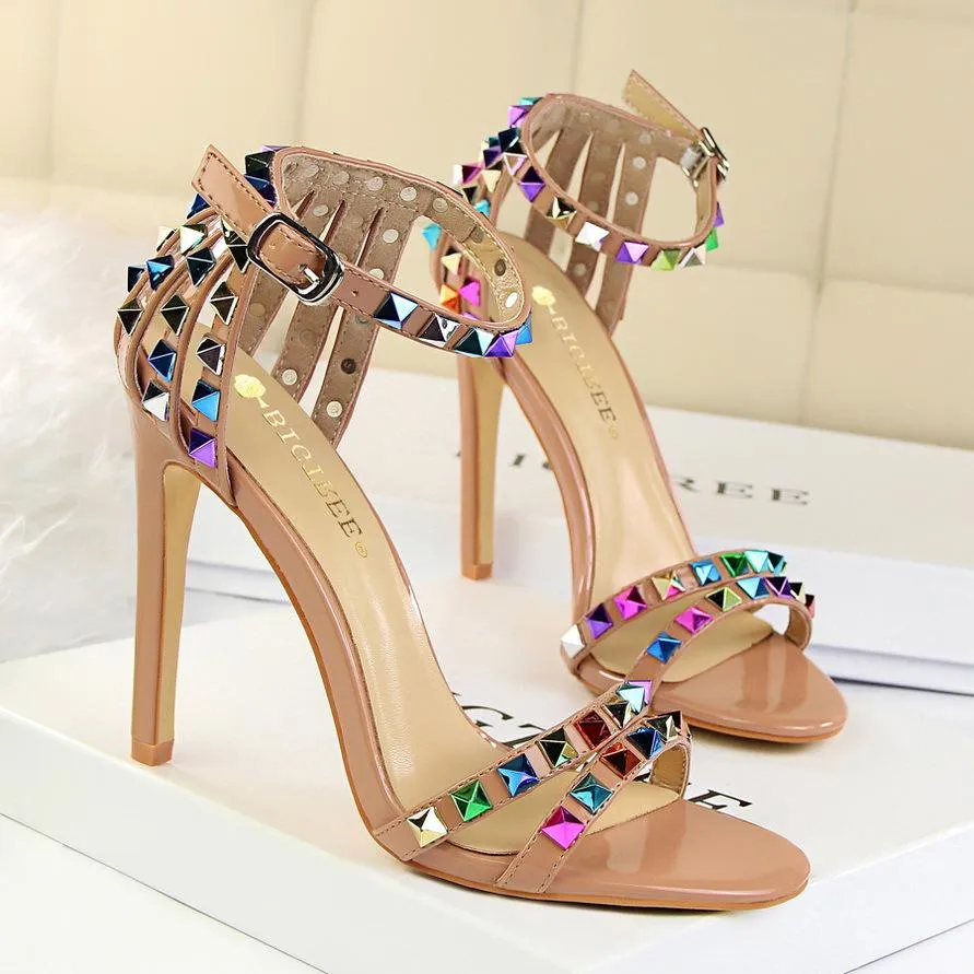 Women Ankle Strap Rainbow Studded Heel Sandals