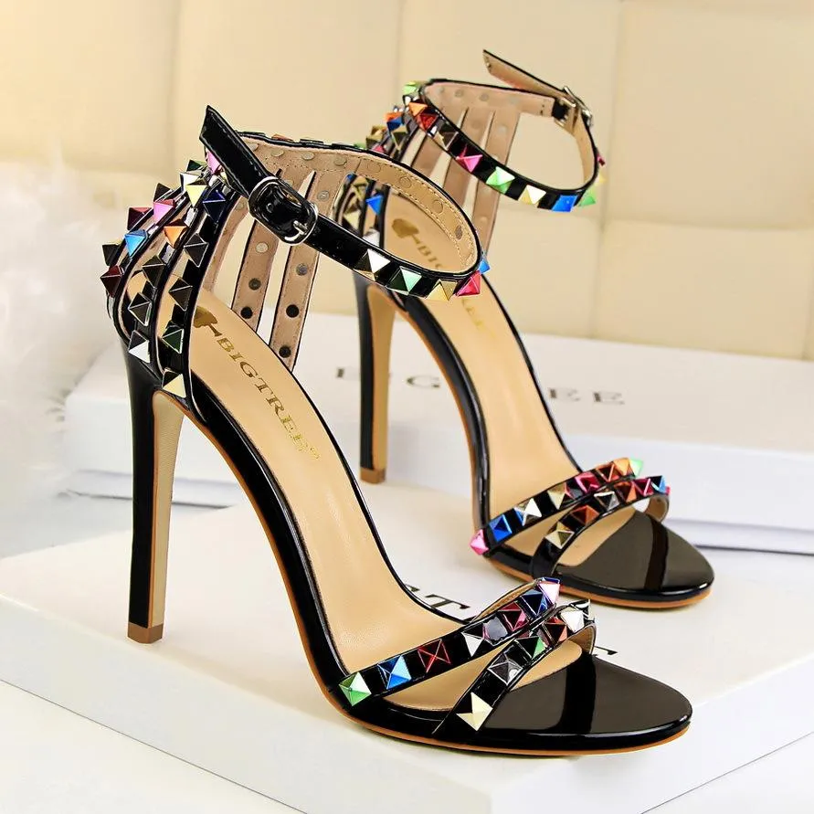 Women Ankle Strap Rainbow Studded Heel Sandals