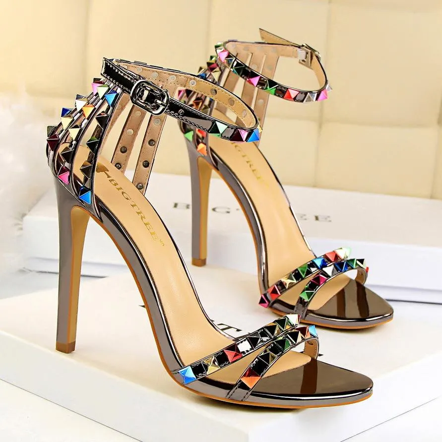 Women Ankle Strap Rainbow Studded Heel Sandals