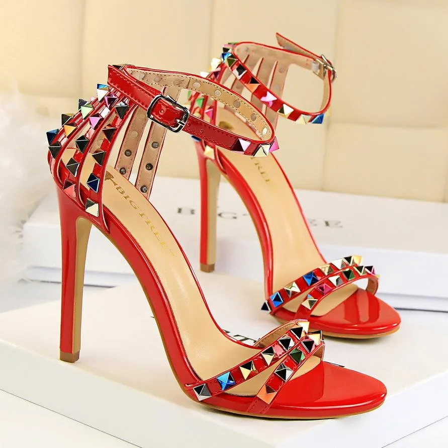 Women Ankle Strap Rainbow Studded Heel Sandals
