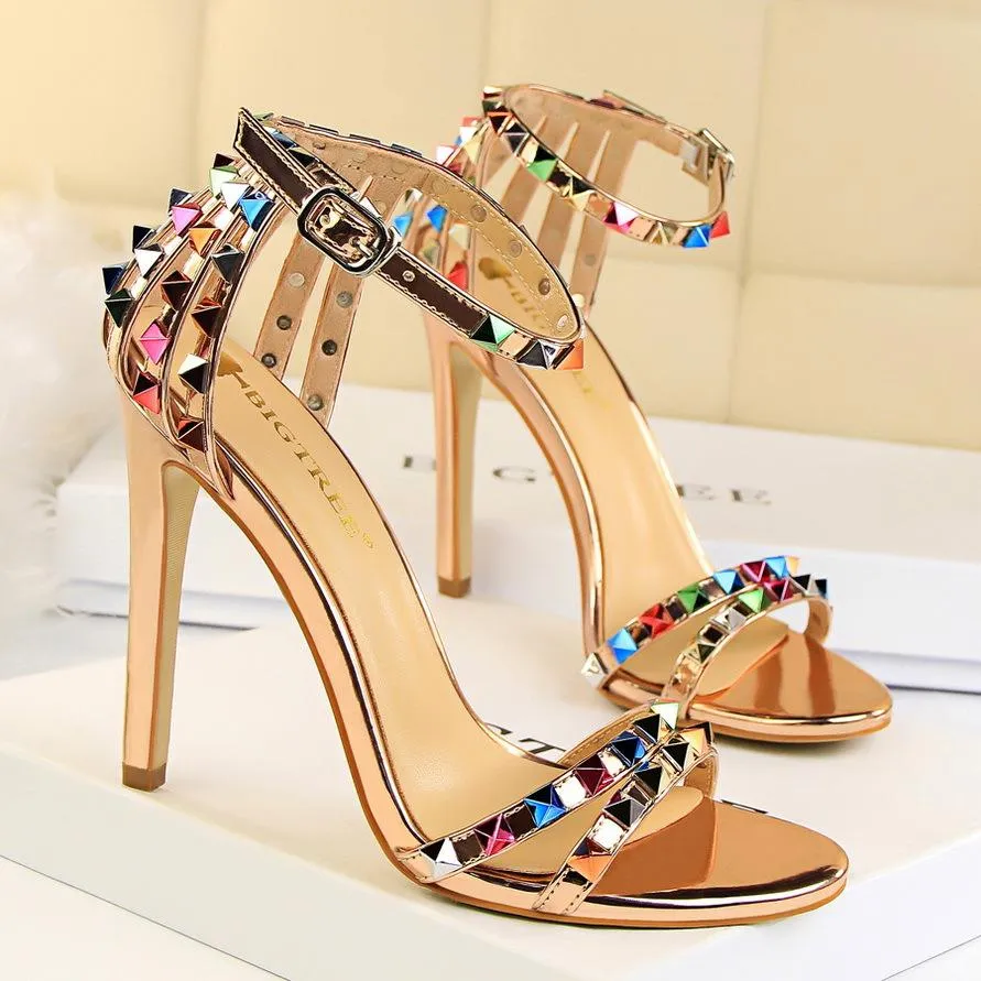Women Ankle Strap Rainbow Studded Heel Sandals