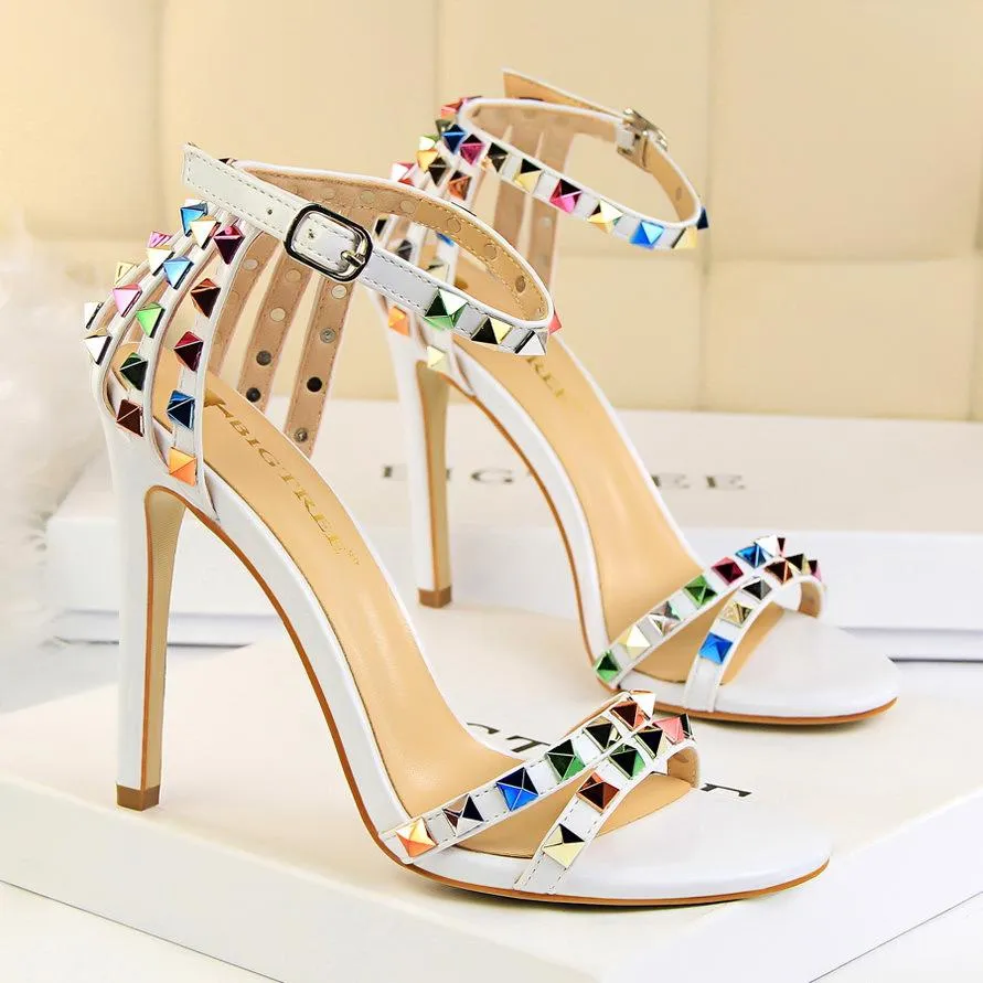 Women Ankle Strap Rainbow Studded Heel Sandals