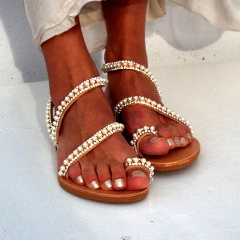 Women Bohemia Pearls White Strap Sandals