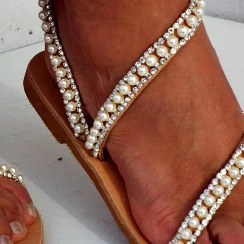 Women Bohemia Pearls White Strap Sandals