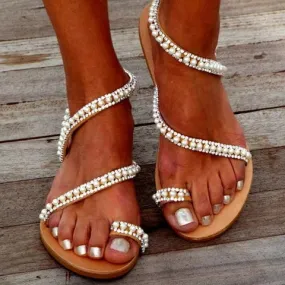 Women Bohemia Pearls White Strap Sandals