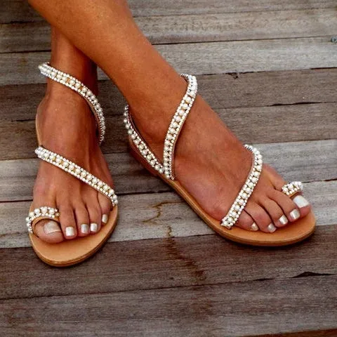 Women Bohemia Pearls White Strap Sandals