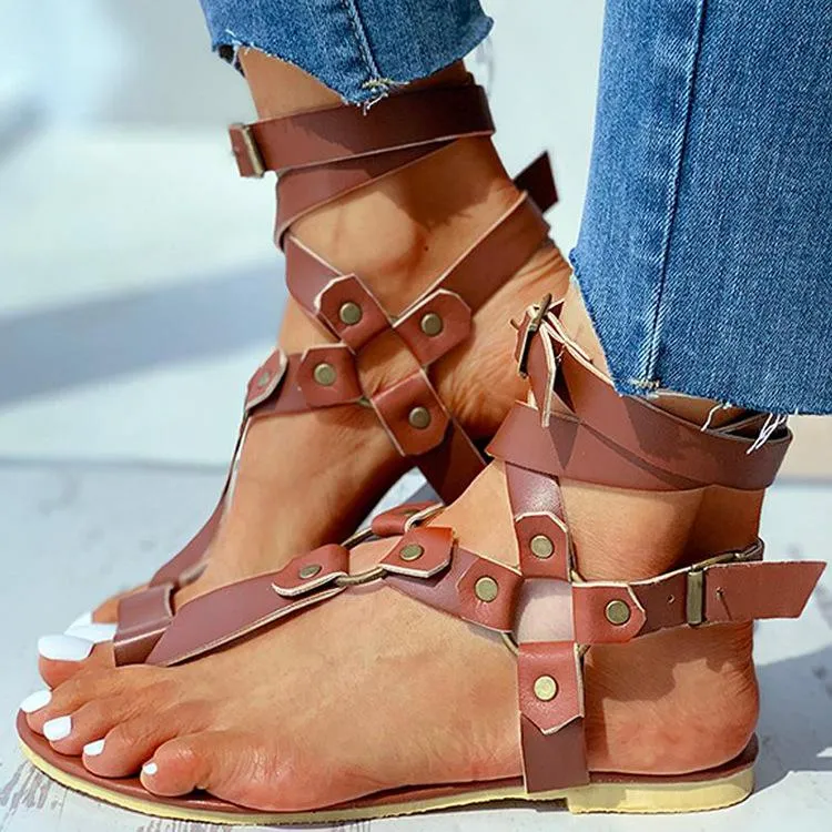 Women flat clip toe criss strap buckle gladiator sandals