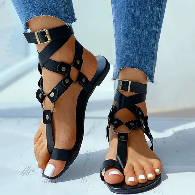 Women flat clip toe criss strap buckle gladiator sandals