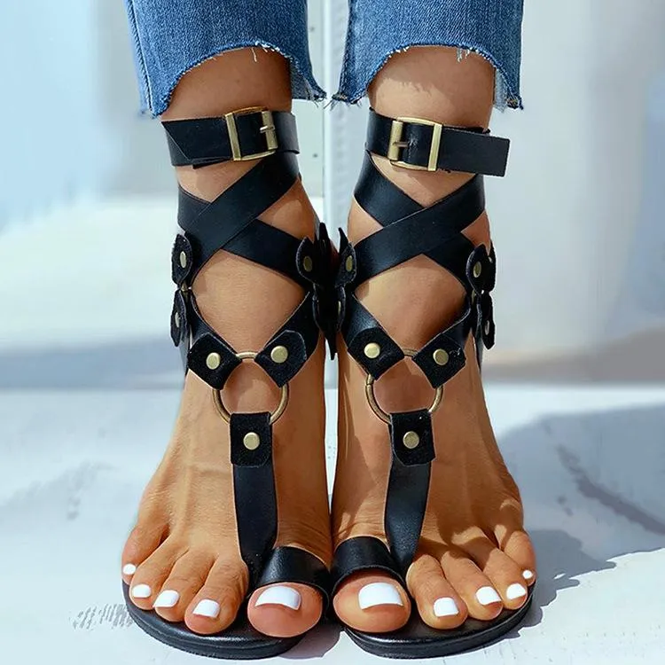 Women flat clip toe criss strap buckle gladiator sandals
