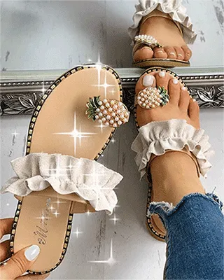 Women Girls Pearl Flat Bohemian Slippers