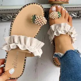 Women Girls Pearl Flat Bohemian Slippers