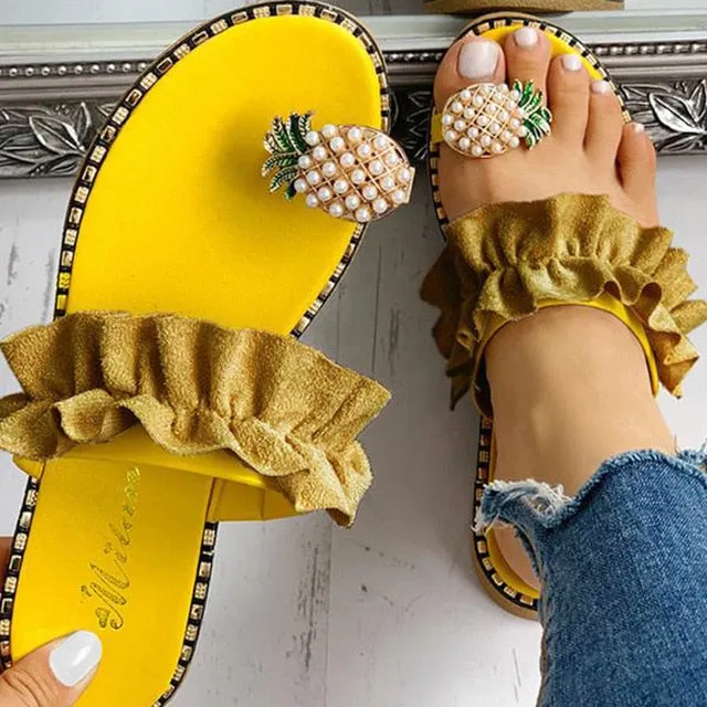 Women Girls Pearl Flat Bohemian Slippers