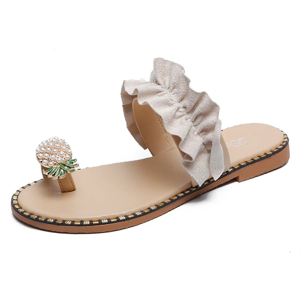 Women Girls Pearl Flat Bohemian Slippers