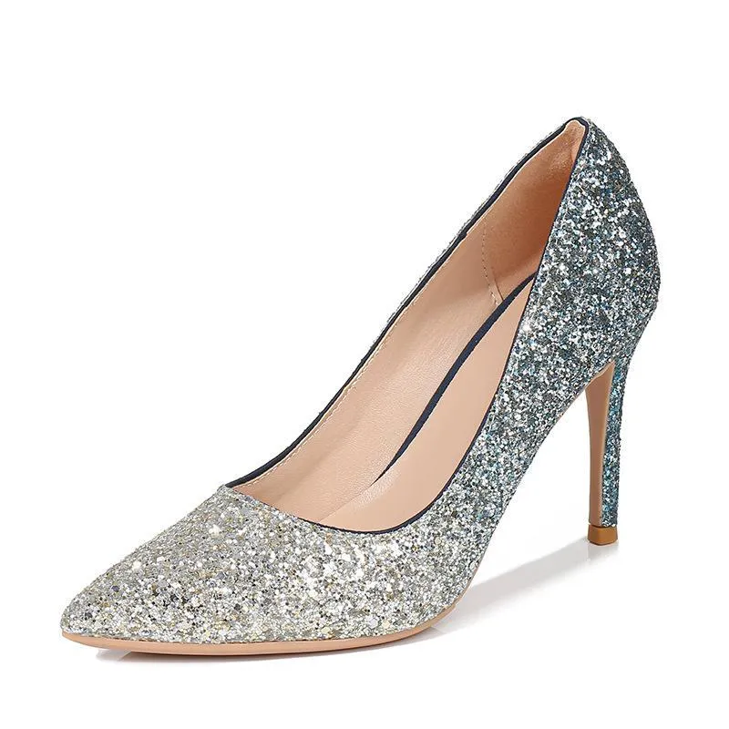 Women gradiant color pointed toe stiletto sparkly rhinestone wedding heels