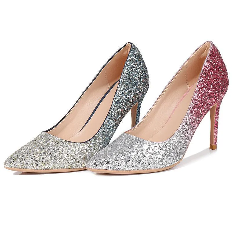 Women gradiant color pointed toe stiletto sparkly rhinestone wedding heels