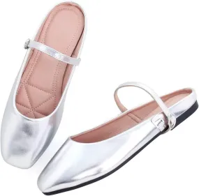 Women Mules Elegant Dressy Flats Closed Toe Microfiber Leather Shoes Adjustable Buckle Strap Mary Jane Casual Office Shoes