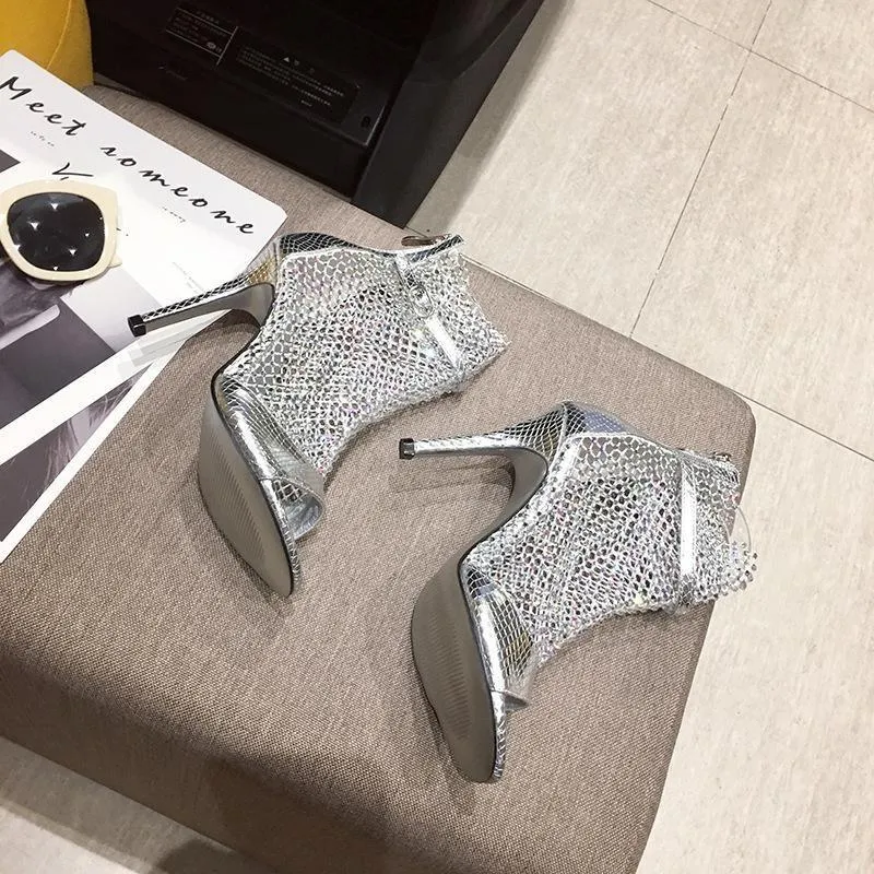 Women sparkly rhinestone hollow peep toe ankle strap black stiletto high heels