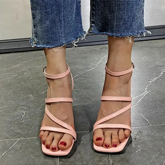Women square open toe strappy chunky heels