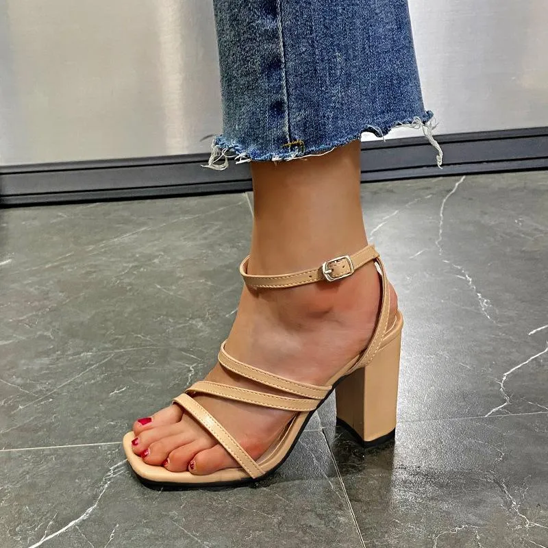 Women square open toe strappy chunky heels