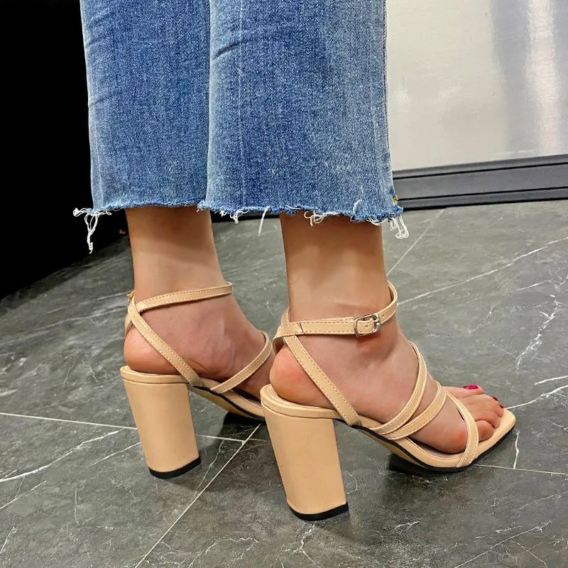 Women square open toe strappy chunky heels