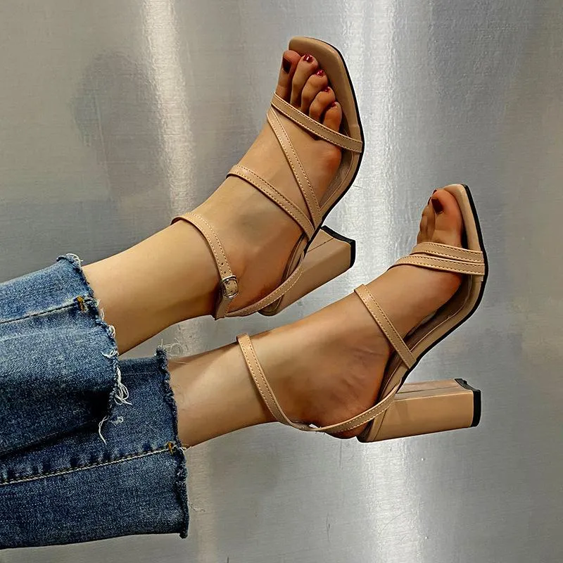 Women square open toe strappy chunky heels