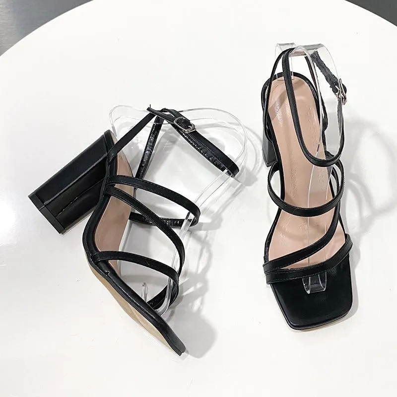 Women square open toe strappy chunky heels